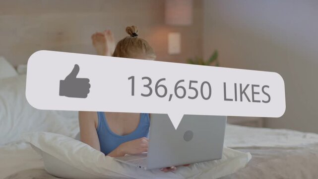 Woman typing on laptop in bed for social marketing, animated like bubbles escalating to 679k likes