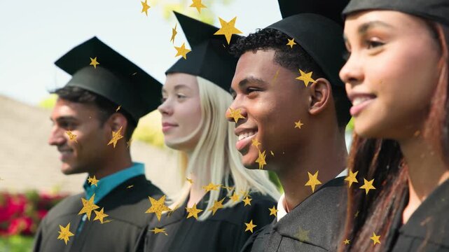 4 grads posing for graduation, camera panning and zooming, caps and stars sweeping smiles widening
