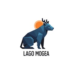 Obraz premium Geometric blue deer or stag with antlers sitting against an orange sun on a white background