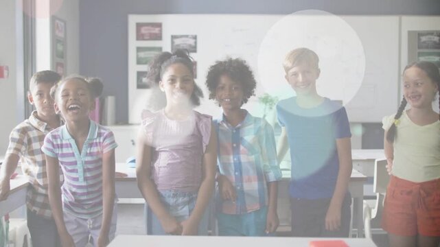 Children standing while bokeh overlays appearing, causing smiles and raising hands for education