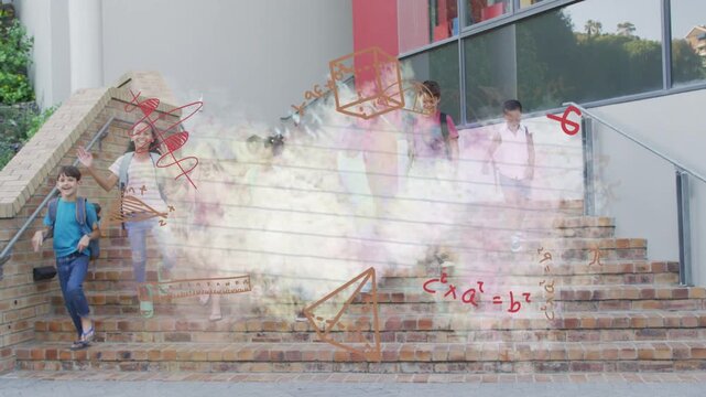 Kids stepping down steps, leaving school as math doodles appearing over group and color haze rising