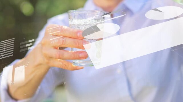 Thin stream flowing, right hand holding glass, pitcher pouring, overlay expanding showing fill