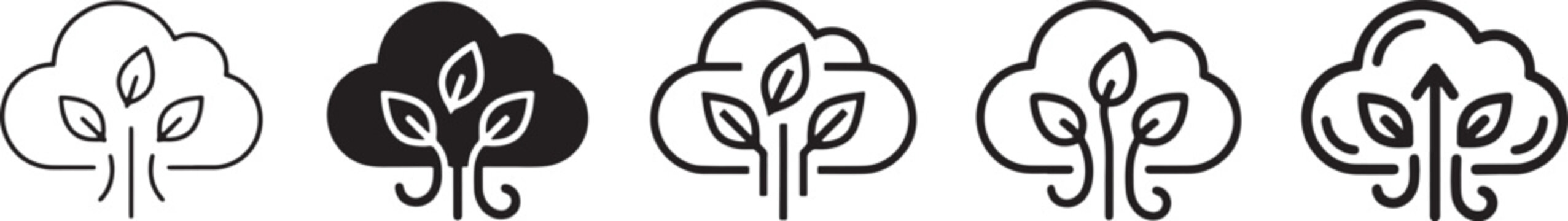 Set of five different tree in cloud icons featuring minimal thin lines, bold solid silhouettes, geometric outlines, rounded strokes, and bold line styles for eco and nature design projects Vector
