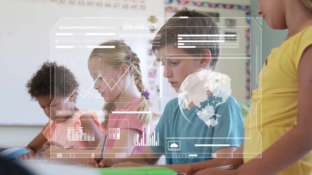Four students drawing on tablets in class, sparking HUD linking charts, globe to tablets for lesson