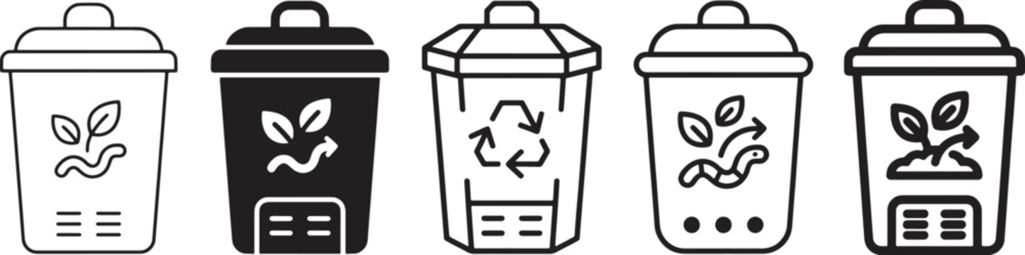 Set of five different compost bin icons showing various artistic styles including thin line, solid silhouette, geometric outline, rounded stroke and bold line graphic design elements Vector