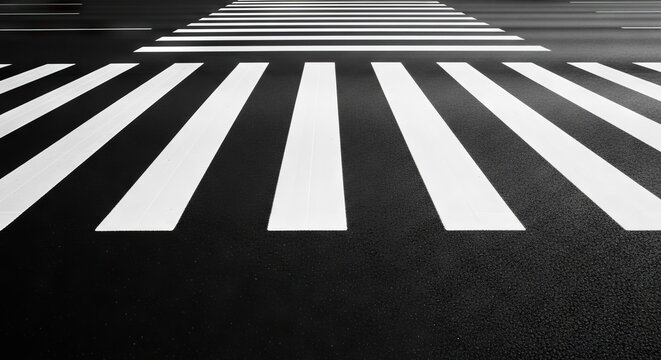 Bold white parallel lines of a street crossing stretch across dark asphalt, creating a high contrast geometric pattern on the urban road, asphalt, way, contrast