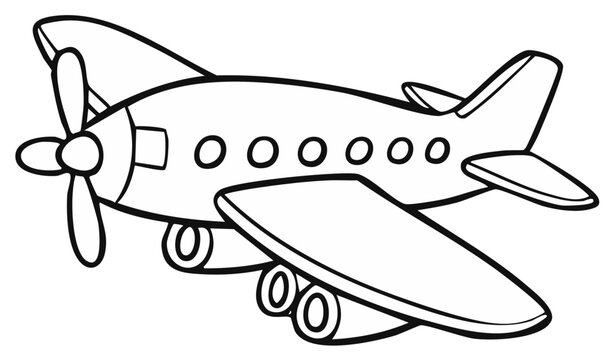 Cartoon airplane with propeller and wheels flying in the sky line art illustration
