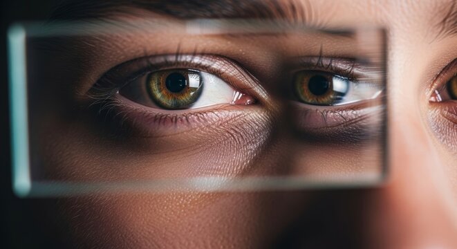 Close up view of a face reflected in a glass surface focusing on subtle dark circles and soft shadows forming beneath the lower eyelids, tired, cosmetic, puffy