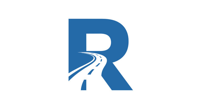 Abstract blue letter r logo with a winding road graphic integrated into its design symbolizing journey and progress