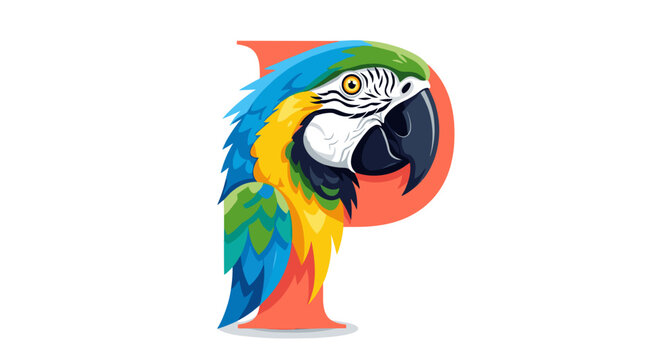 Vibrant macaw parrot head profile with stylized letter p background bright colors detailed feathers tropical avian icon