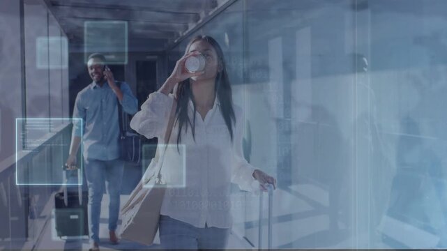 Woman leading with suitcase walking jetway toward gate, sipping cup while man calling AR reflecting