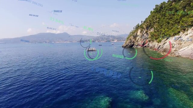 Aerial drone advancing, HUD rings converging around white motorboat, highlighting shoreline rocks