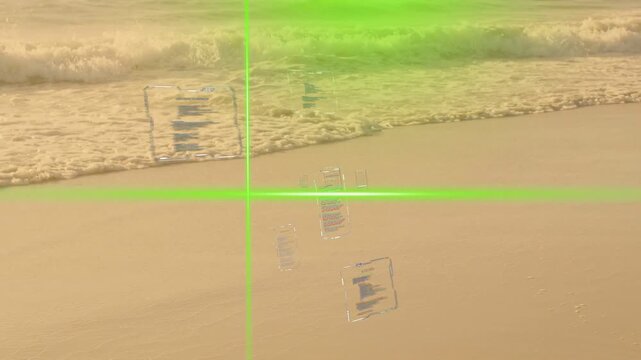 Waves hitting wet sand, HUD shifting, green crosshair centering, cards rotating, showing shore data
