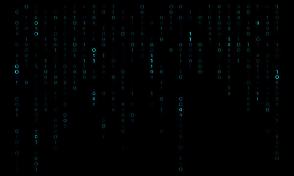 Abstract binary code digital background with glowing blue data stream on black