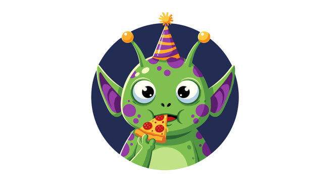 Cute green cartoon alien character wearing a party hat eating pizza slices with big eyes and antennae in a dark blue