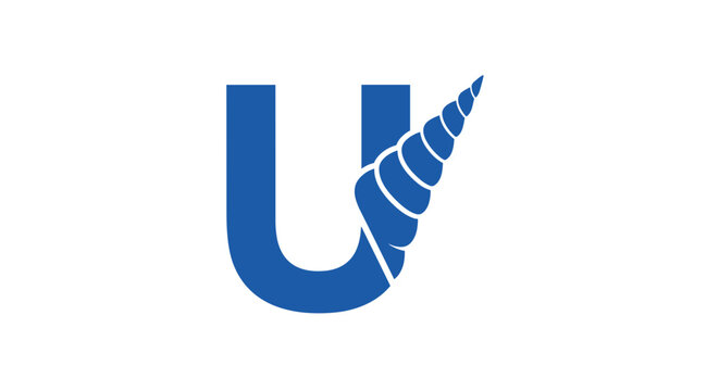 Abstract blue letter u incorporated with a stylized white seashell or spiral icon on a clean white background