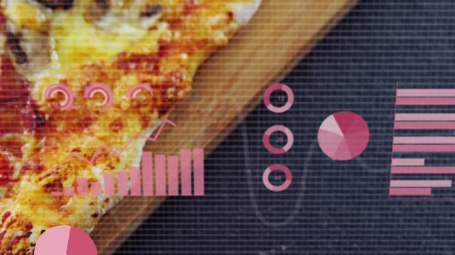 Infographic overlays appearing and expanding over pizza slice on focus, visualizing sales data