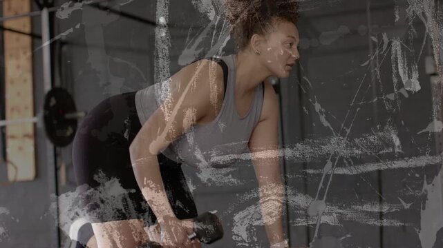 Woman grabbing dumbbell on bench, rowing for fitness while coach fixing form, overlay obscuring