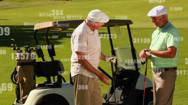 Two golfers checking watch, pointing at clubs beside cart on green, floating numbers guiding shot
