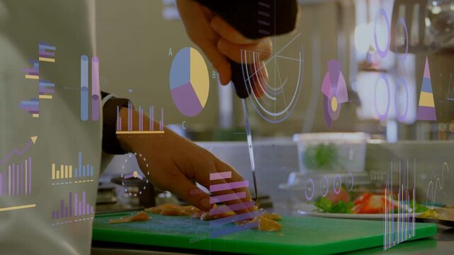Right hand reaching with knife, hands slicing raw poultry into strips for plating, charts floating