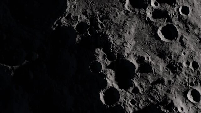 Computer generated image high angle long shot spacecraft point of view flying over surface of MoonMoon with changing Phases, detailed surface