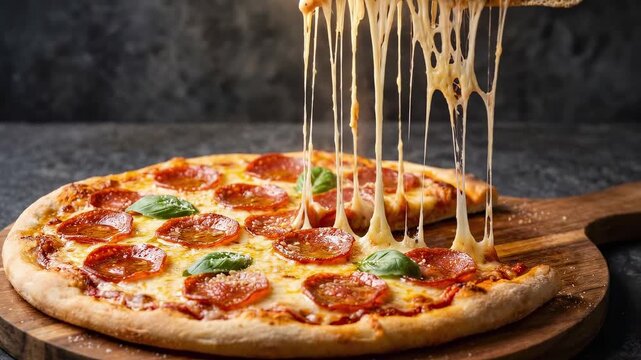 Close-up of pepperoni pizza slice with melted cheese stretching long strands, hot Italian comfort food meal, crispy golden crust, classic and delicious pizza dinner shared with friends.