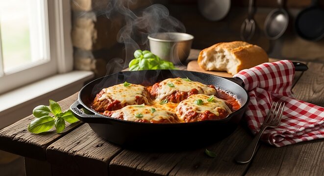 Fresh hot meat patties cooking in a black iron skillet on a wooden kitchen table with rustic decor. veal parmesan