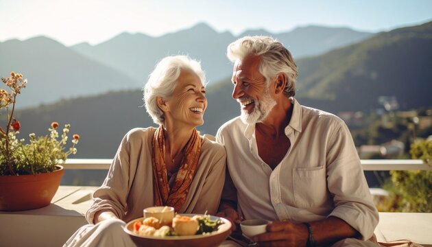 Happy Active Senior Asian Couple Laughing on Sunny Mountain Terrace