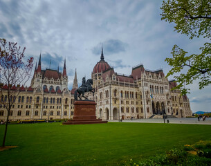 Fototapeta premium Hungarian Parliament Building, Orszaghaz, close-up facade of detailed Gothic architecture, iconic landmark and historic European building in Budapest