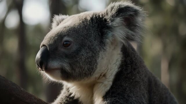 close-up of koala face with soft fur texture and dark reflective eyes