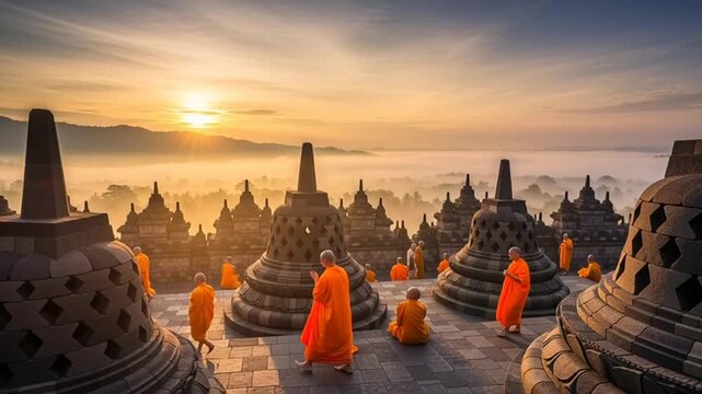 Monks Meditating at Borobudur Temple Sunrise, Indonesia - Spiritual Awakening
