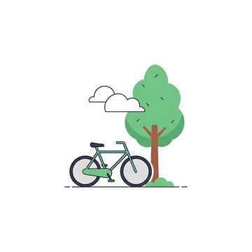 Simple illustration of a bicycle parked beneath a green tree with two white clouds in a clear sky