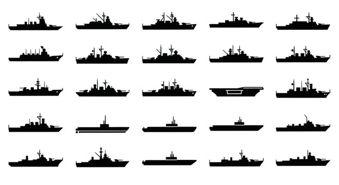 Naval Fleet Silhouette Collection: Warships, Aircraft Carrier, Destroyers, Frigates