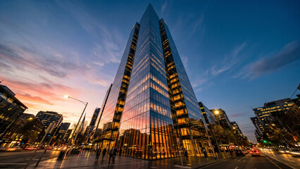 Obraz premium Modern glass skyscraper in the city at sunset with illuminated office lights, urban high tech architecture tower, business district skyline, corporate city landscape background