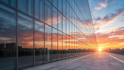Fototapeta premium Glass building facade reflecting sunset sky, modern architecture exterior, urban skyline reflection, minimal perspective city background with copy space