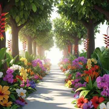 serene path through vibrant garden of colorful flowers.
