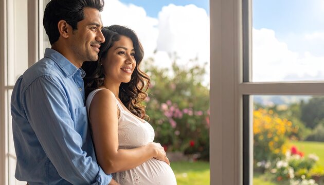 Pregnant couple smiling at window anticipating parenthood and new beginnings