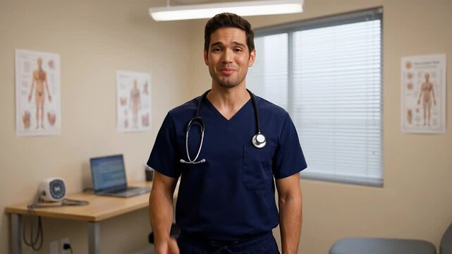 A medical professional stands in a medical office, ready to provide care and assistance to patients in need of help
