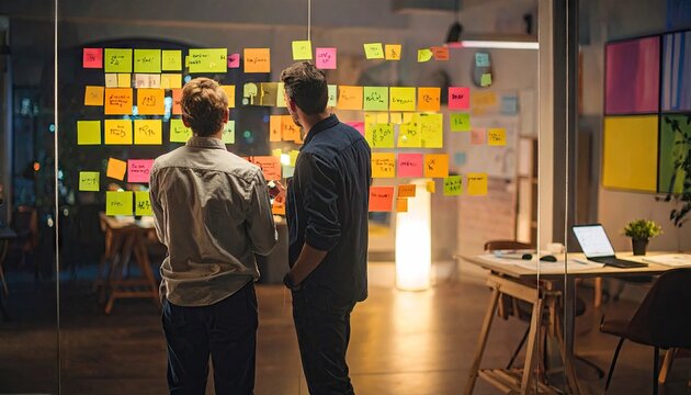 Two individuals analyzing notes on a glass wall during a brainstorming session