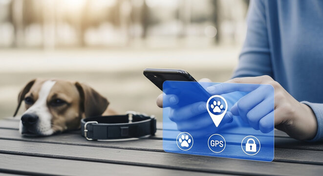 Woman Using Smartphone GPS Tracking Application to Monitor Pet Location with Beagle Dog and Smart Collar Outdoors in Park Setting Technology