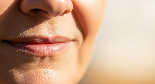 Close-up detail of mature skin showing soft smile lines and gentle creases around the lips, illuminated by warm and soft natural daylight, graceful, skin, detail