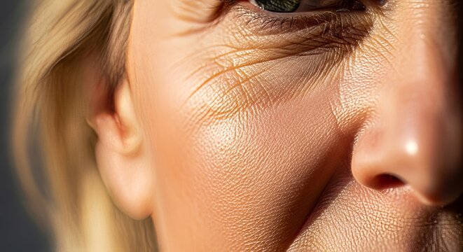 Close-up macro view of mature skin highlighting fine lines, creases, and organic texture shifts across the surface in soft natural light, texture, time, resolution