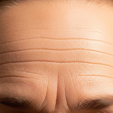 Close-up macro view of mature skin surface showing subtle horizontal creases and fine lines forming across a smooth facial forehead area, tissue, pores, aesthetic