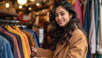 Obraz premium Woman browsing clothing rack in a boutique with colorful garments for retail
