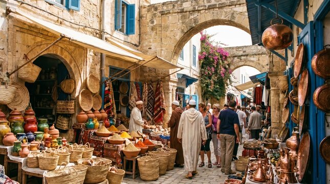 Traditional Tunisian souk with local shops and people in historic old town
