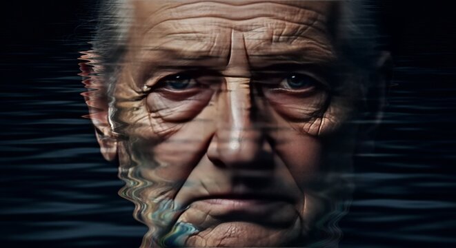 Deep lines and weary features appear within a reflective surface, showing an aged likeness that carries a heavy, unsettling expression, mature, detail, tired