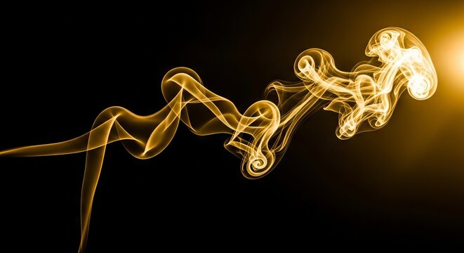 Elegant black and gold vapor swirls gracefully in a dark studio setting with dramatic high contrast shadows and luxurious golden highlights, atmospheric, motion, background
