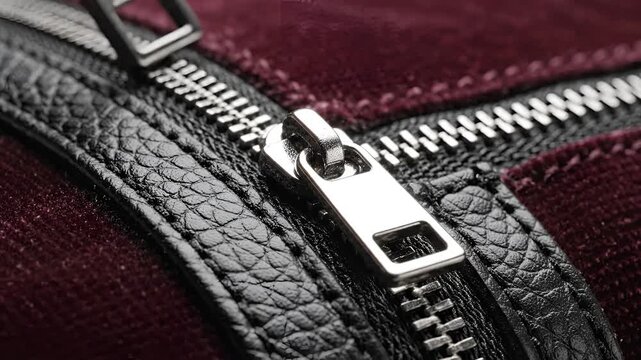 Closeup of a Metal Zipper on a Burgundy Leather Bag.