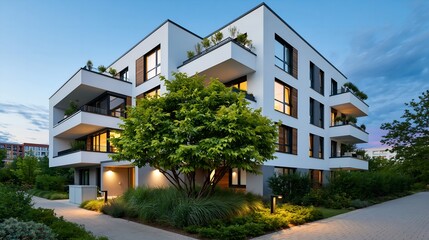 Fototapeta premium Modern white apartment building with balconies.