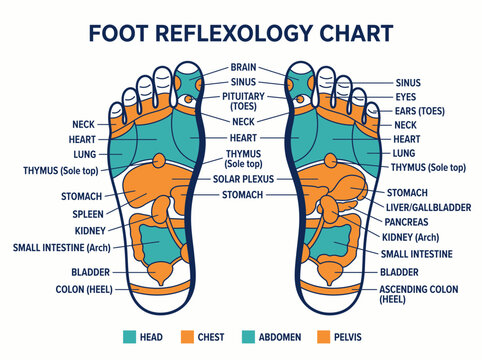 Foot reflexology chart with internal organs and body parts map